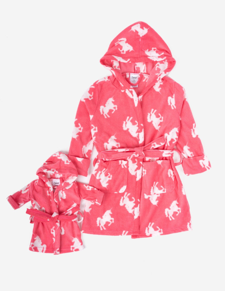 pink unicorn fleece girl and doll robe