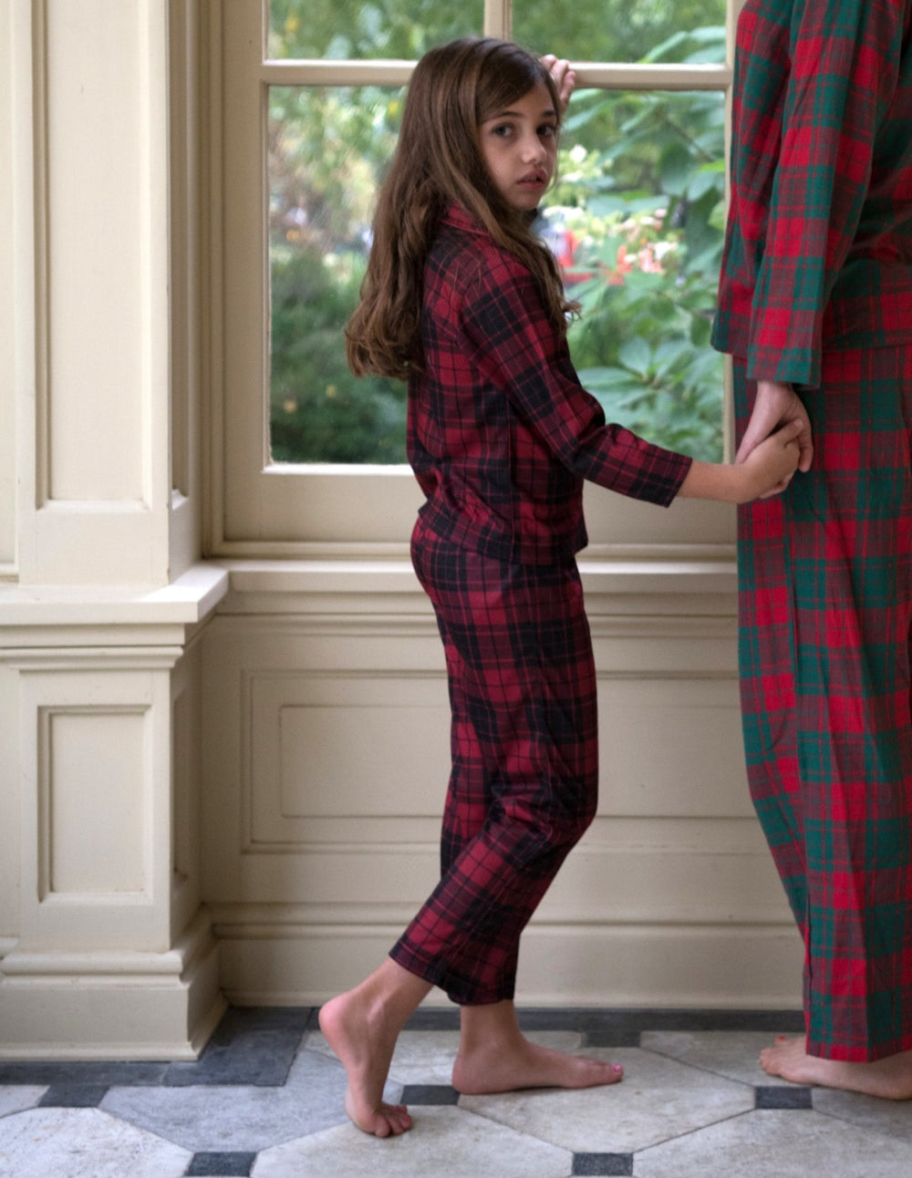 red and black plaid kids button up pajama sets