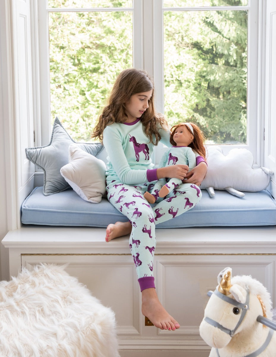 aqua unicorn girl and doll cotton pajamas
