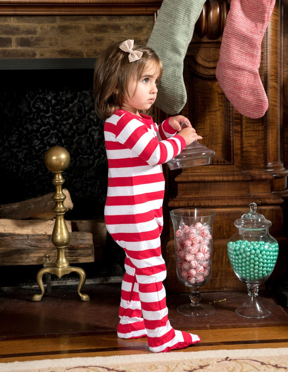 red and white striped baby footed pajamas