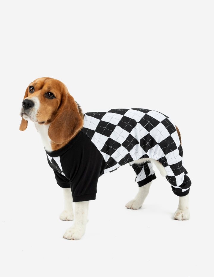 black and white argyle dog pajamas