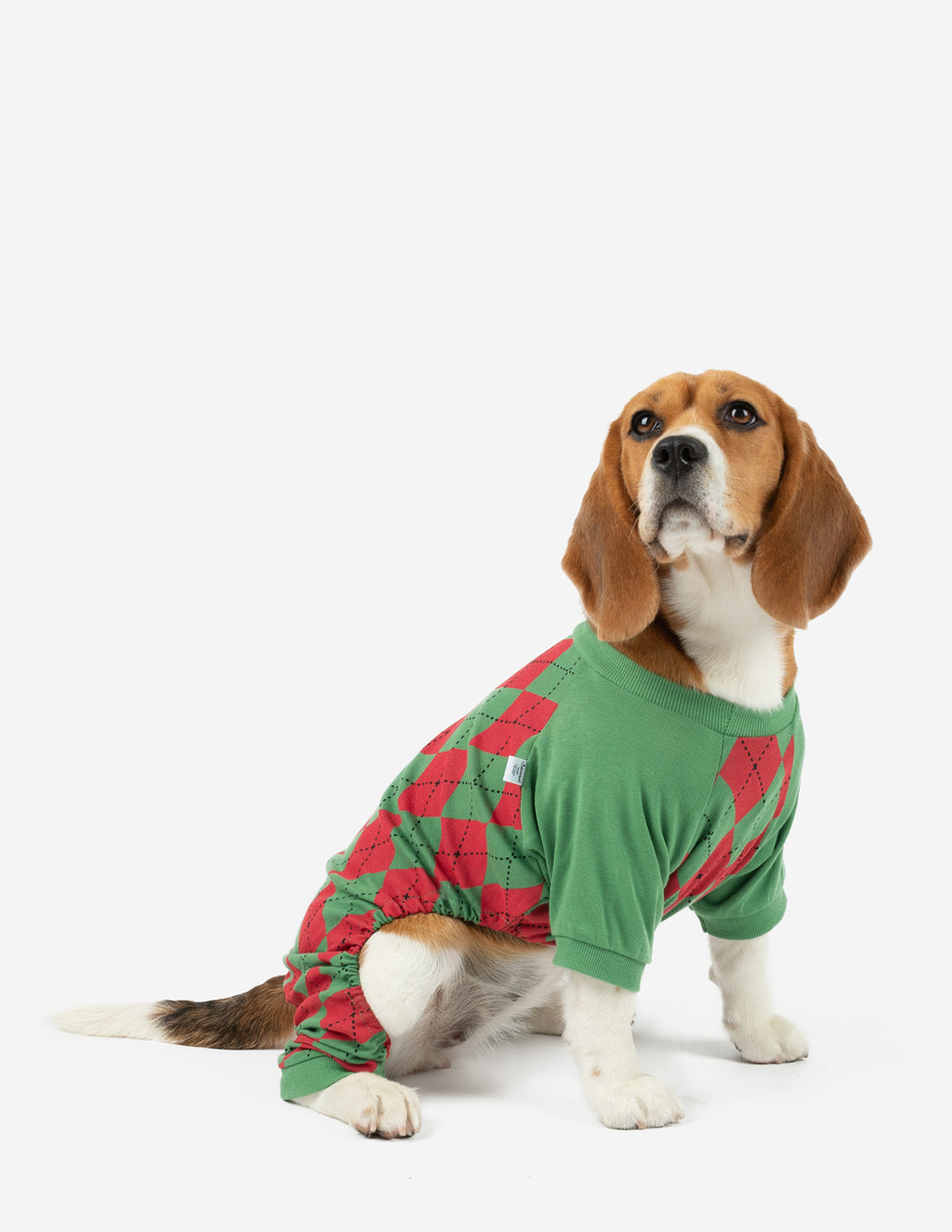 red and green argyle dog pajama