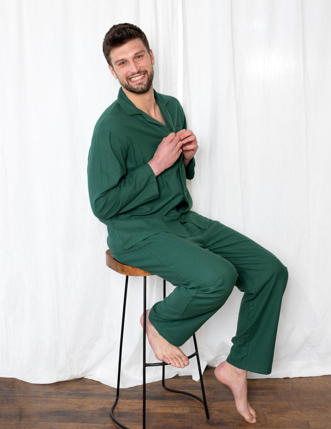 men's green flannel button up pajama set