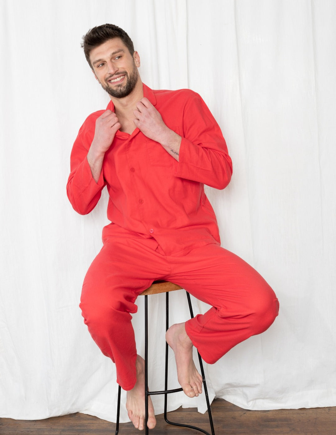 men's red flannel button up pajama set