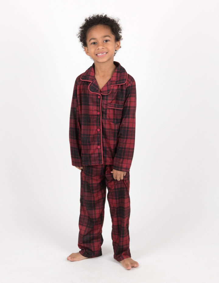 red and black plaid kids button up pajama sets