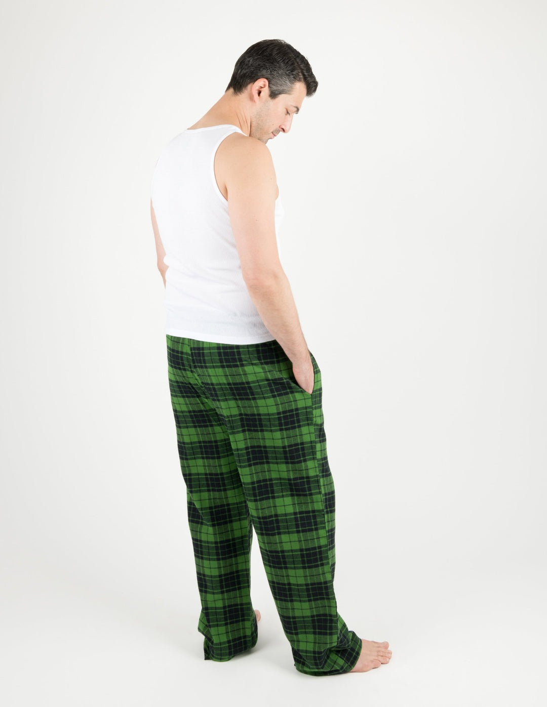 green and black plaid men's flannel pants