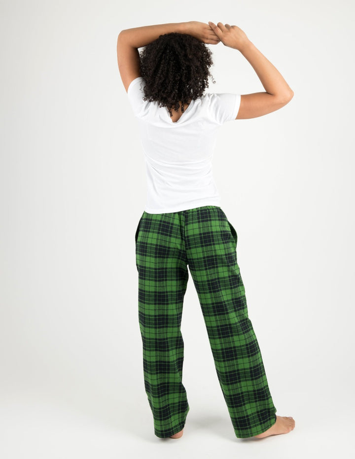 green and black plaid women's flannel pants