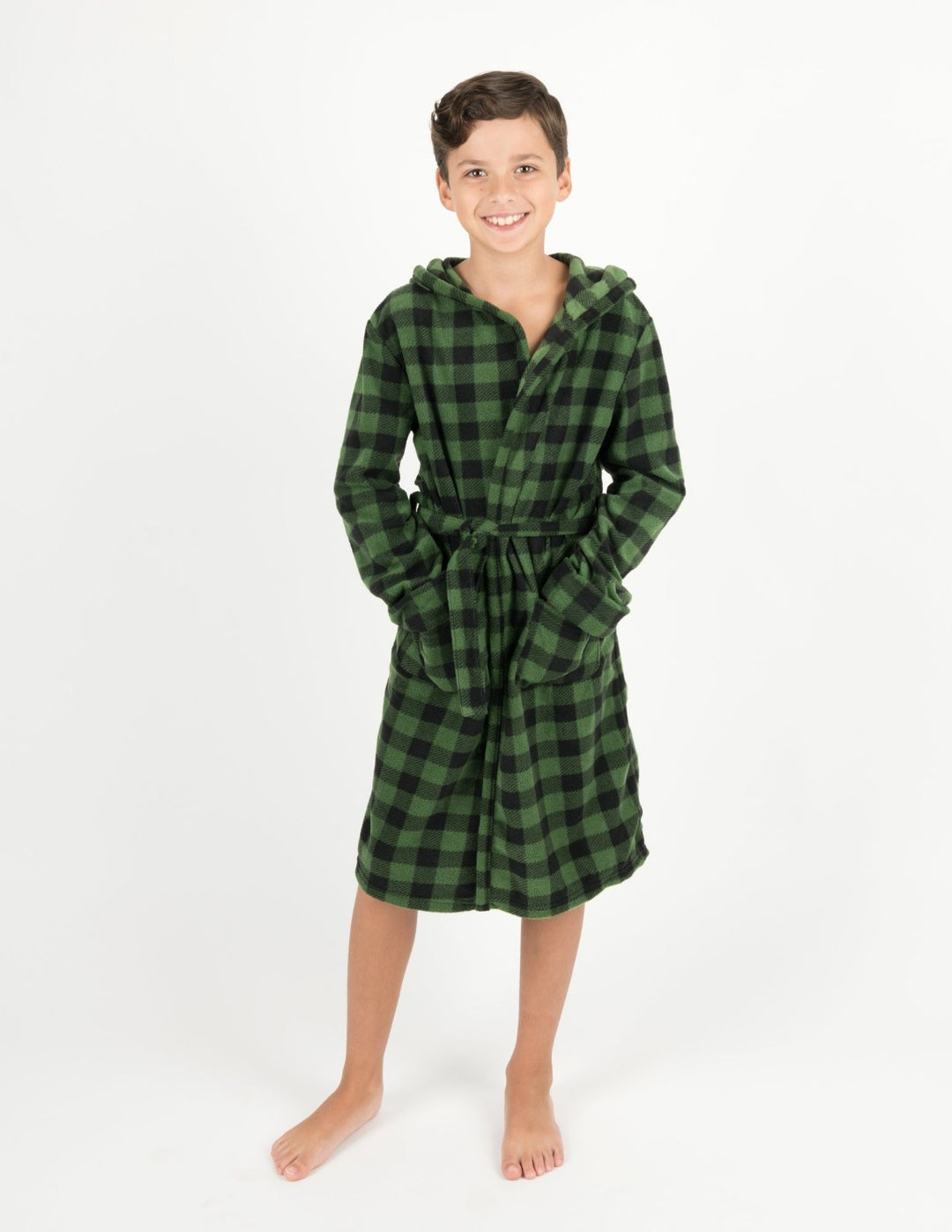 green and black plaid kids fleece robe