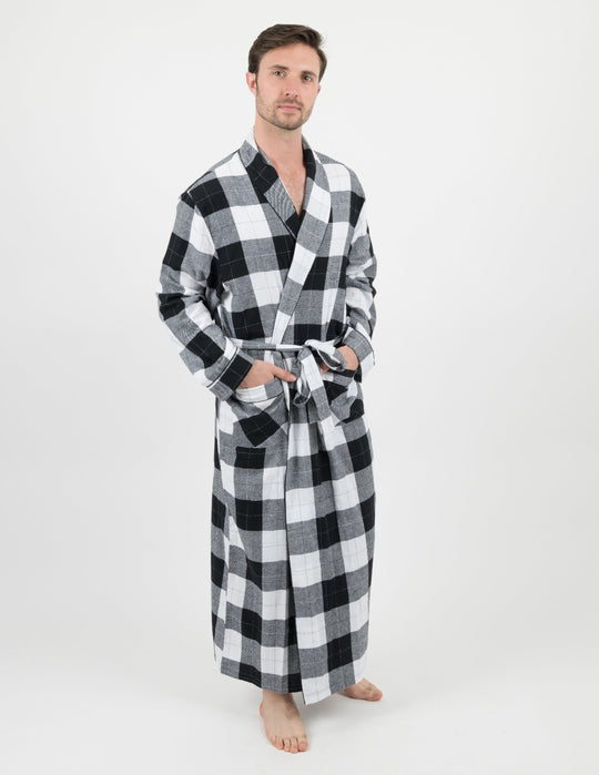 Leveret Men's Black & White Plaid Flannel Robe Leveret Clothing