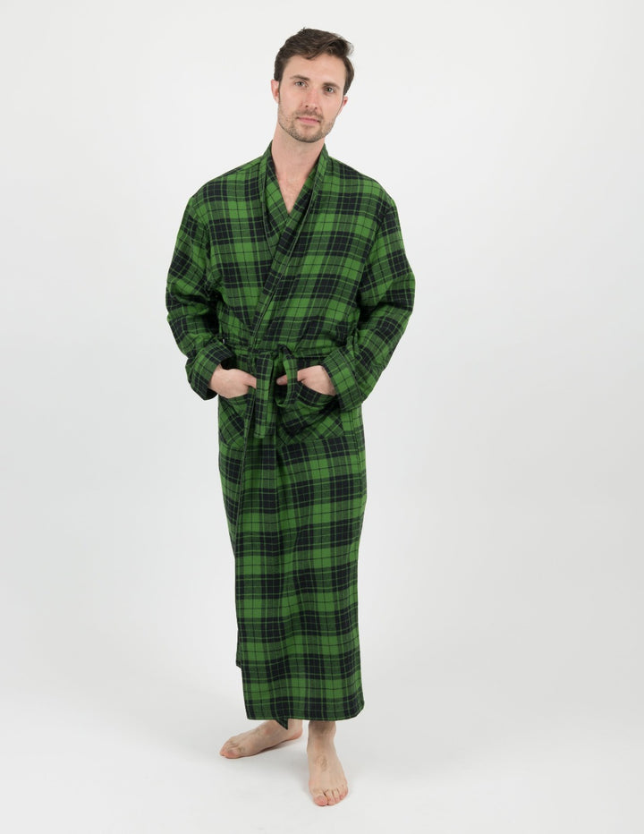 green and black plaid men's flannel robe