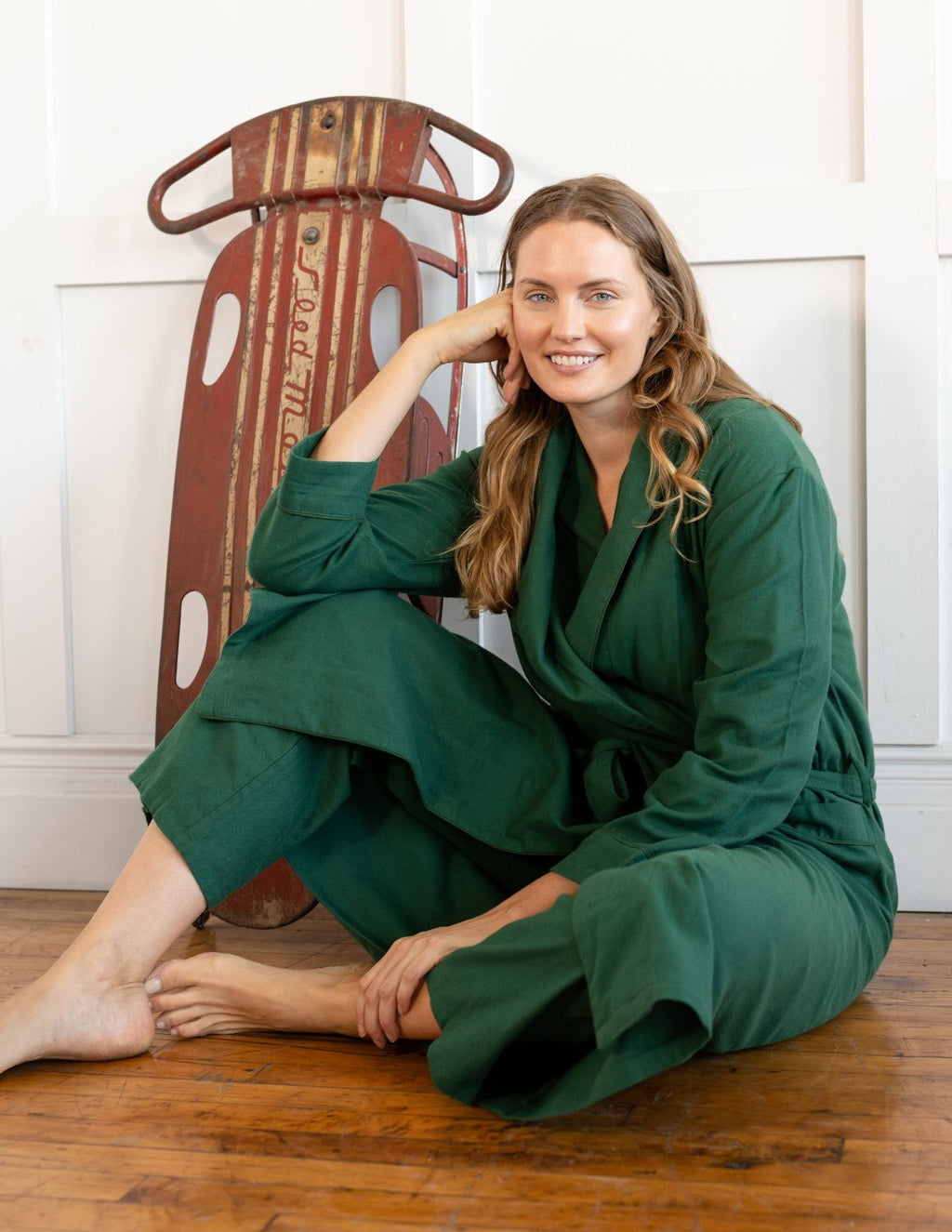 Women's Green Solid Color Flannel Robe Leveret Clothing