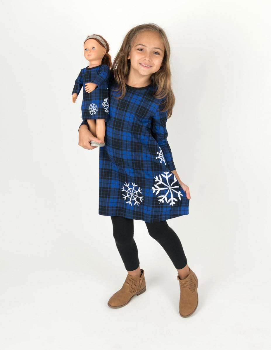 blue plaid snowflake girl and doll dress