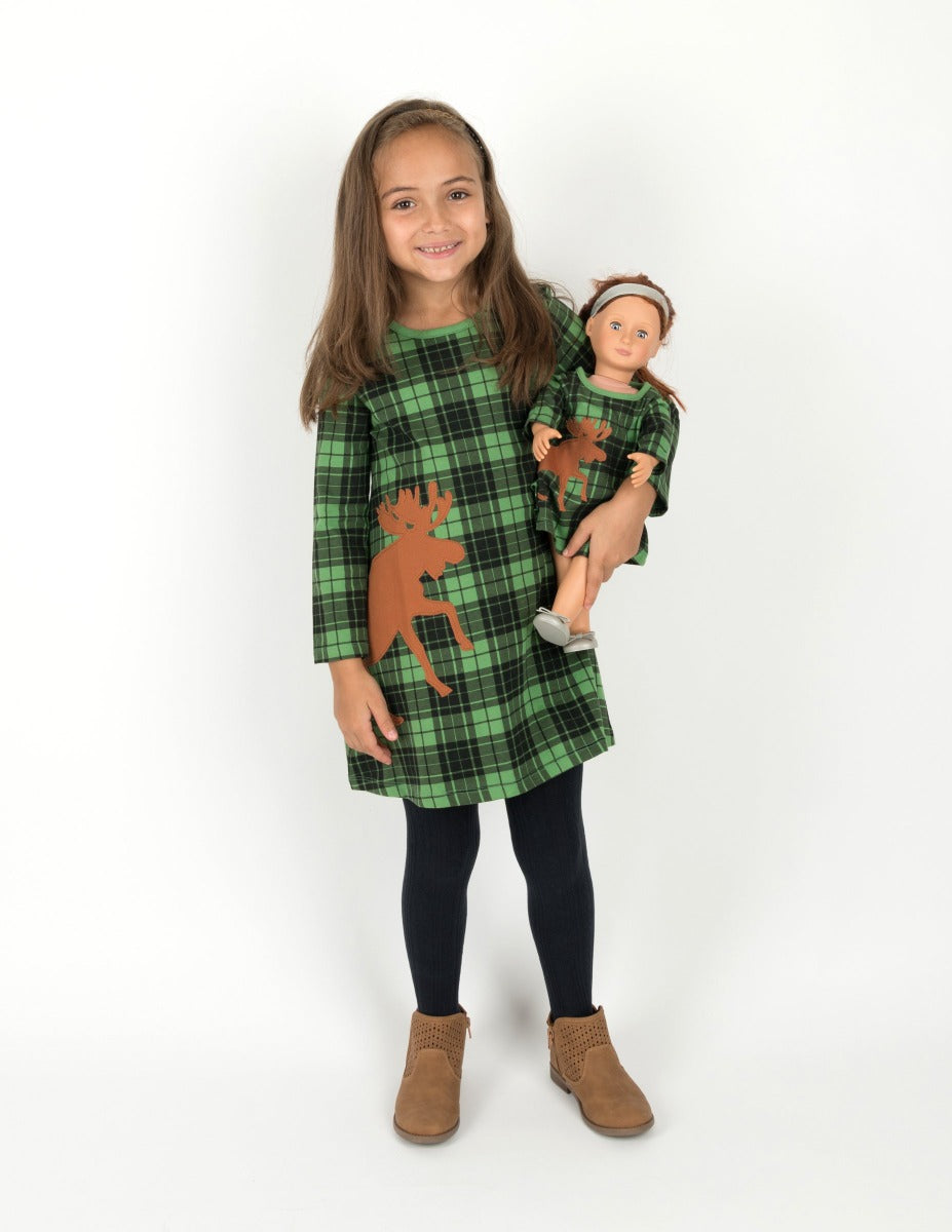 green plaid moose girl and doll dress