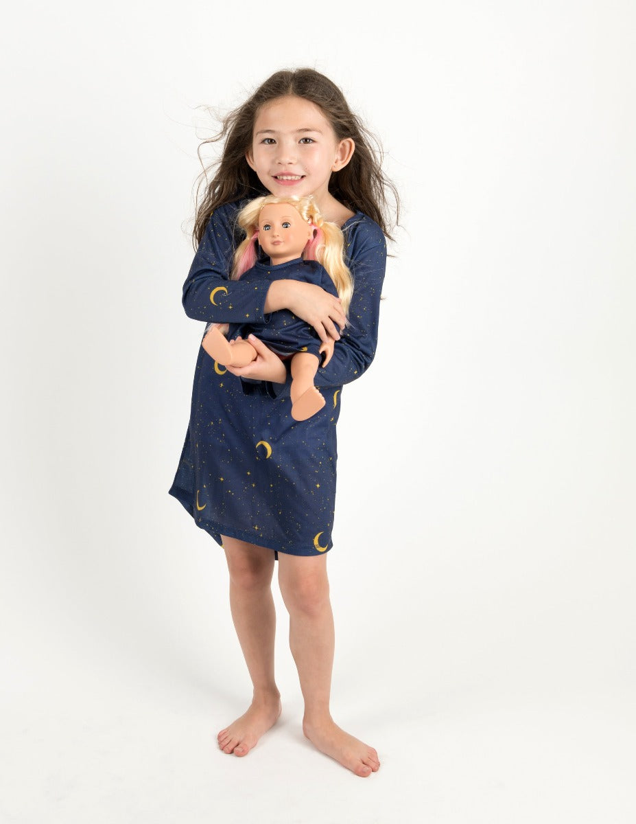 navy moon and stars girl and doll nightgown