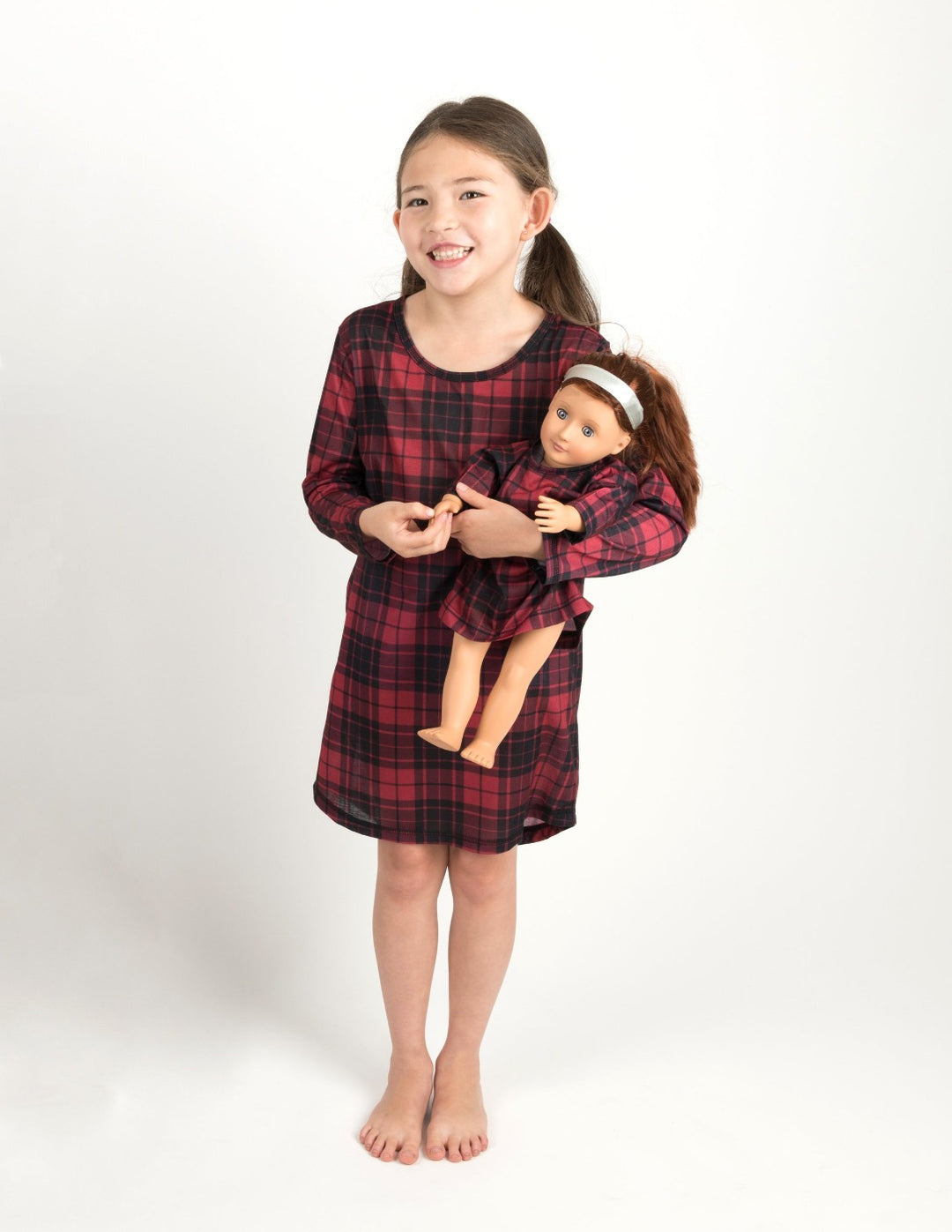 red and black plaid girl and doll nightgown
