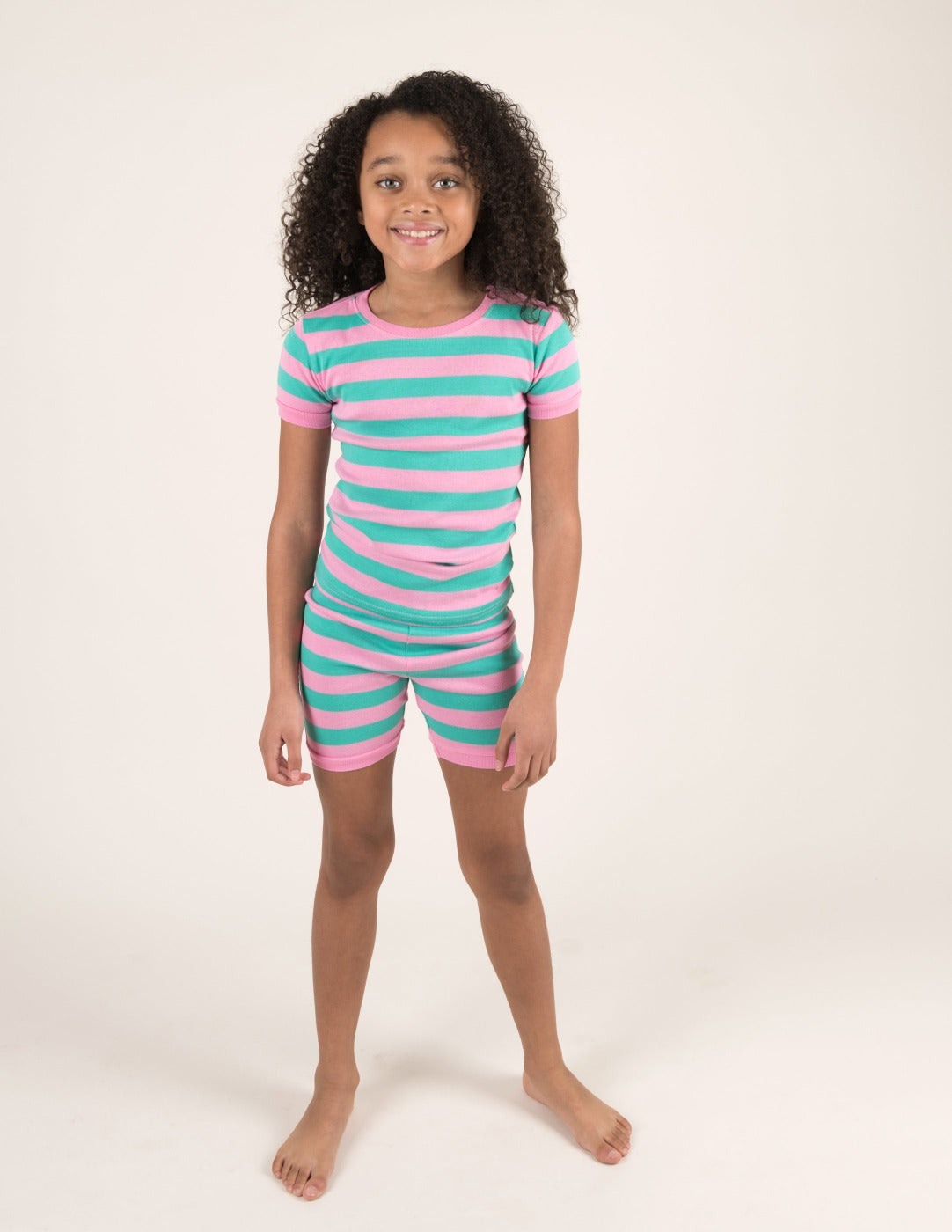 kids shorts aqua and pink striped pajamas