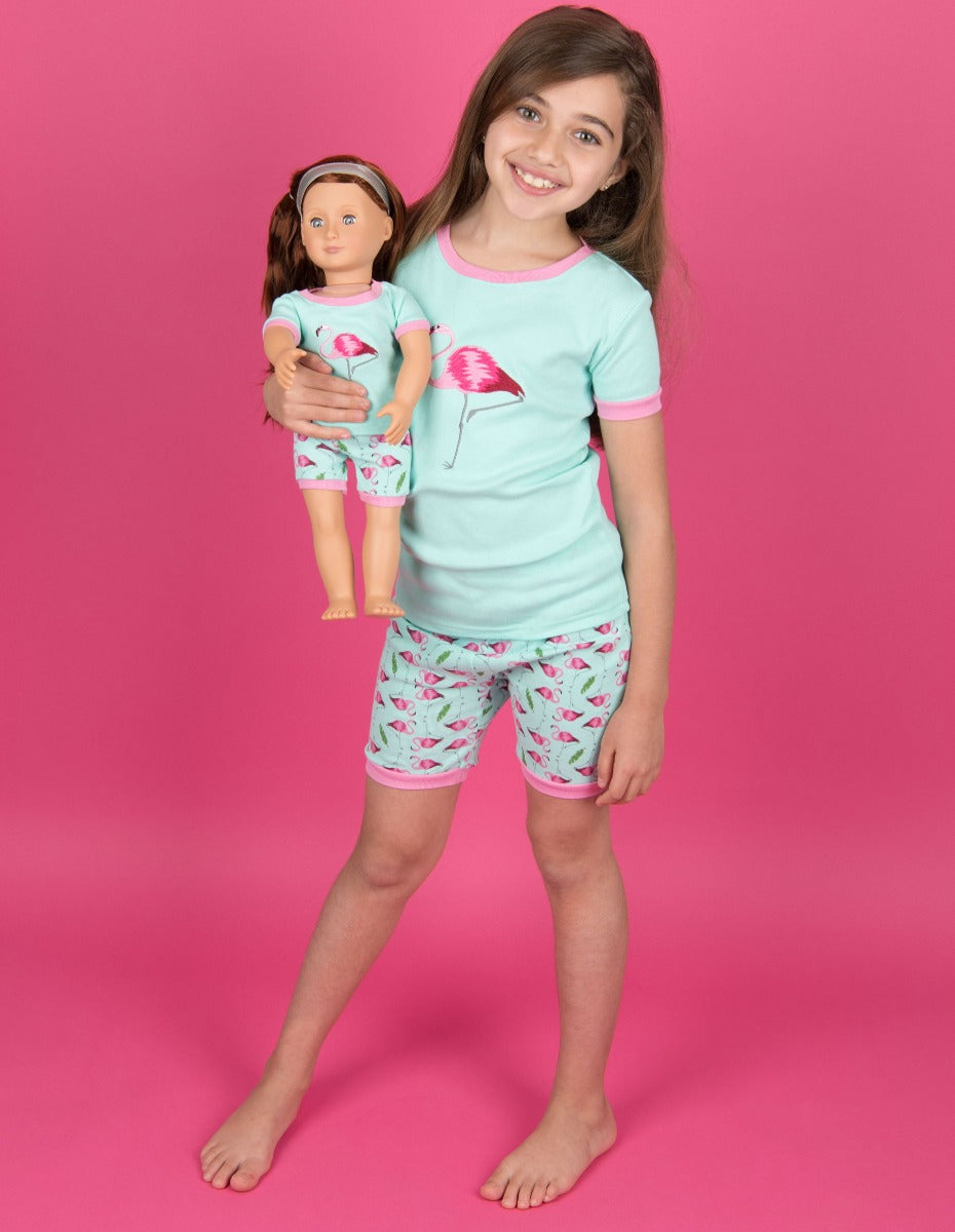 Matching Girl and Doll Short Cotton Flamingo Pajamas