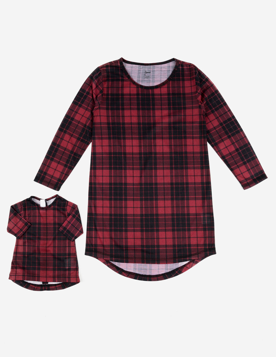 red and black plaid girl and doll nightgown