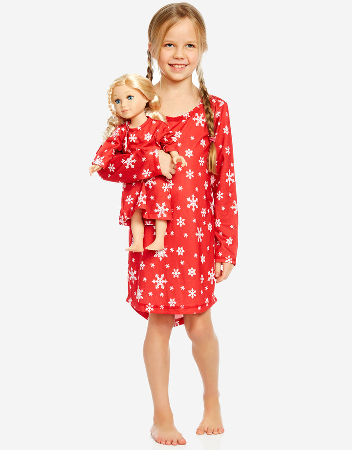 red snowflake girl and doll nightgown