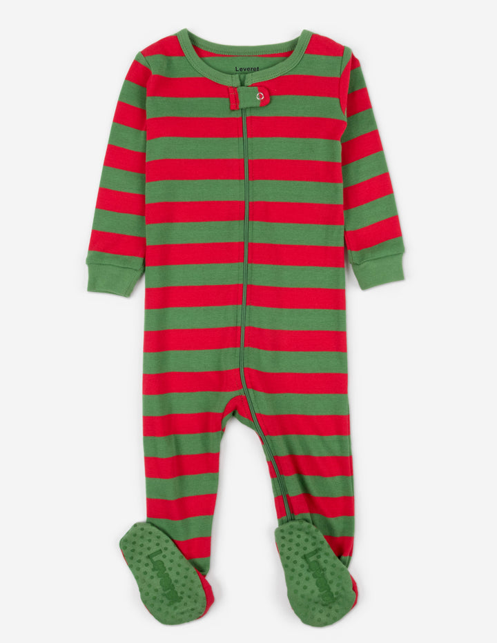 red and green striped baby footed pajamas