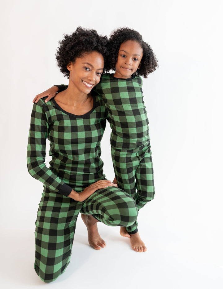 green and black plaid kids cotton pajamas