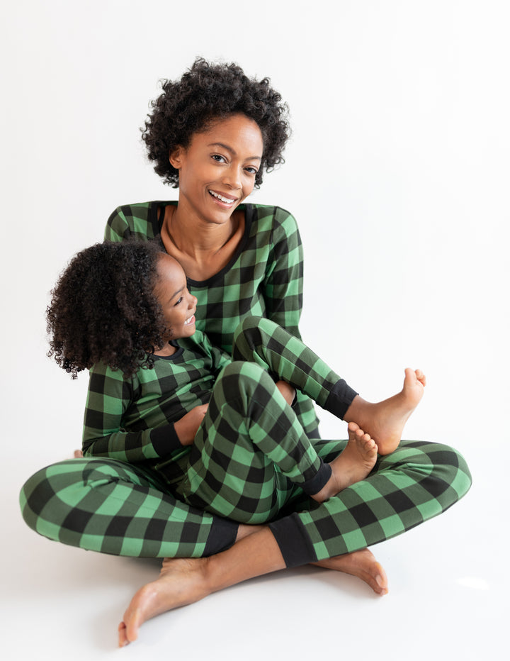 green and black plaid kids cotton pajamas