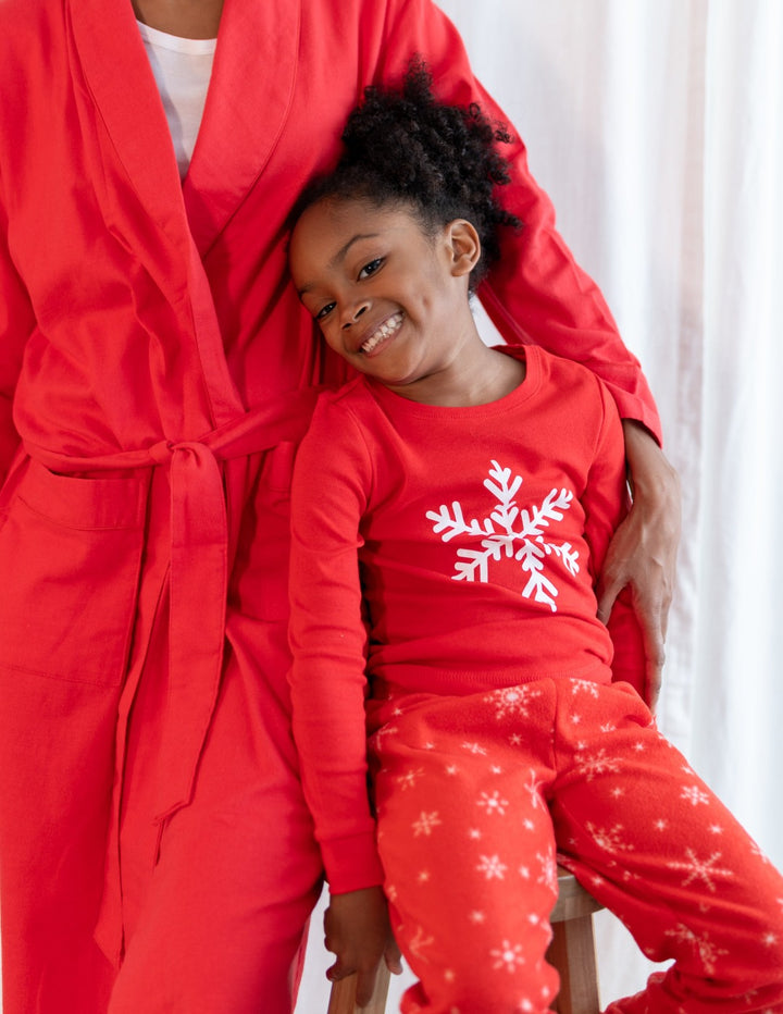 red snowflake fleece and cotton kids pajamas