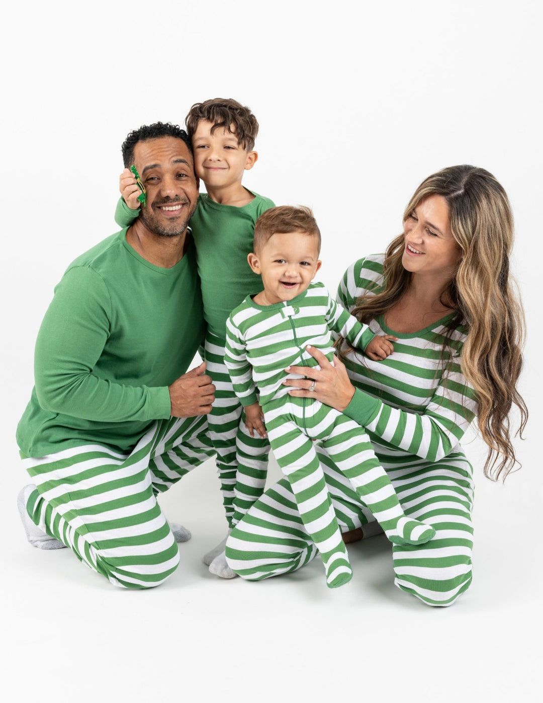 green and white stripes matching family pajamas
