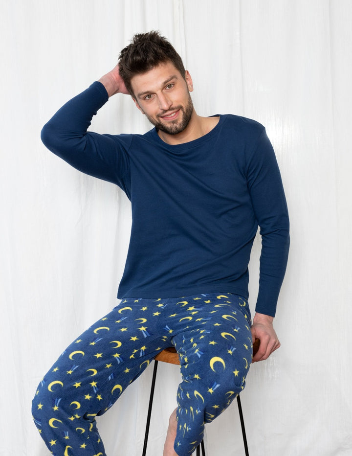 blue moon and stars fleece and cotton men's pajama set