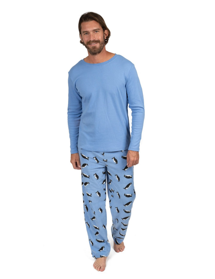 men's fleece and cotton blue penguin pajama set
