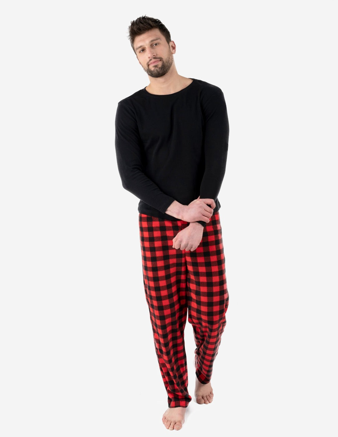red and black plaid fleece and cotton men's pajama set