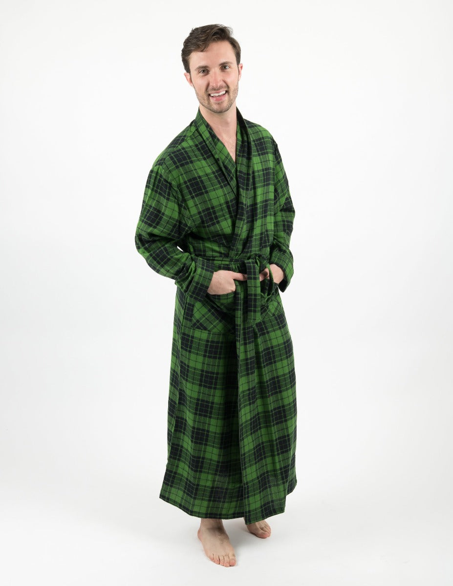 green and black plaid men's flannel robe
