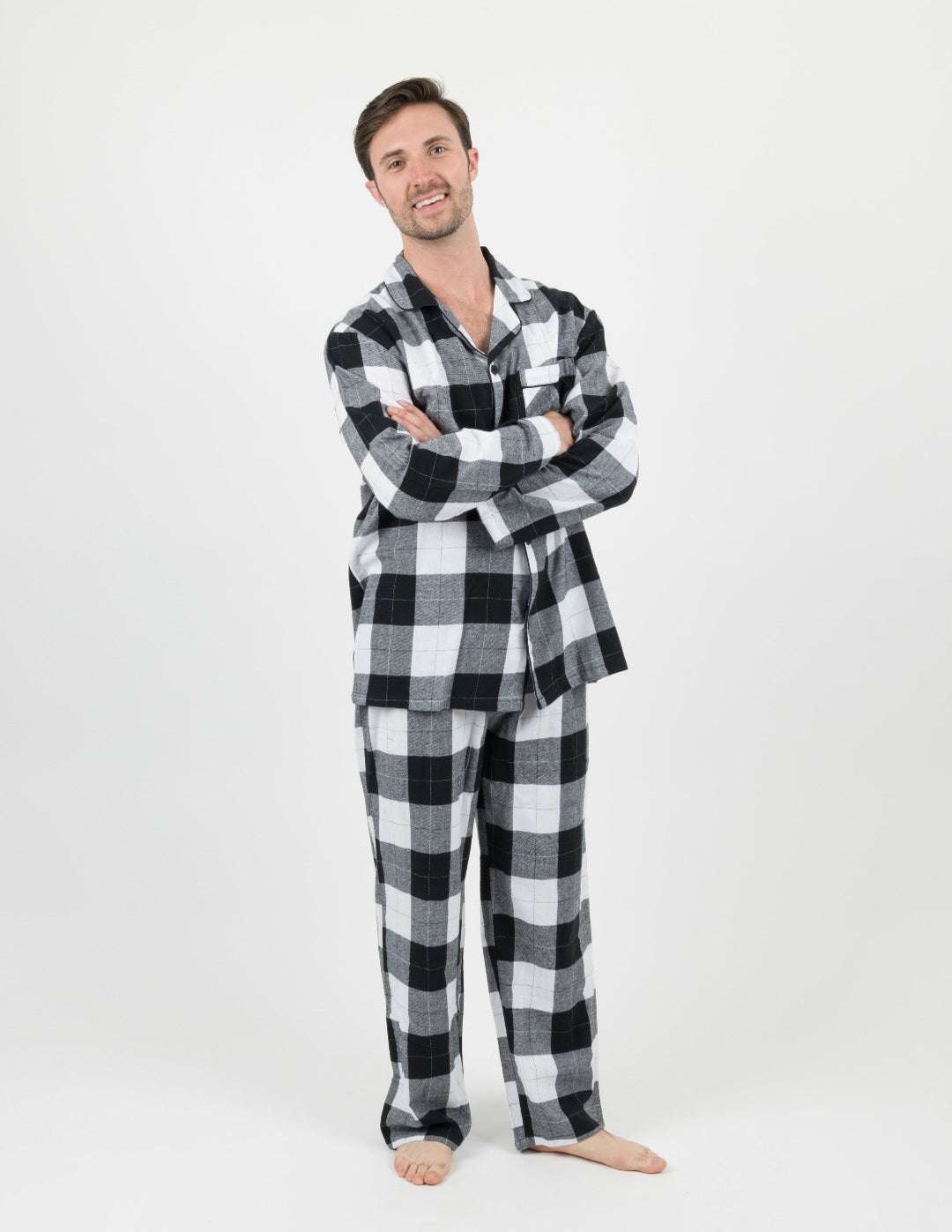 black and white plaid men's flannel pajama set