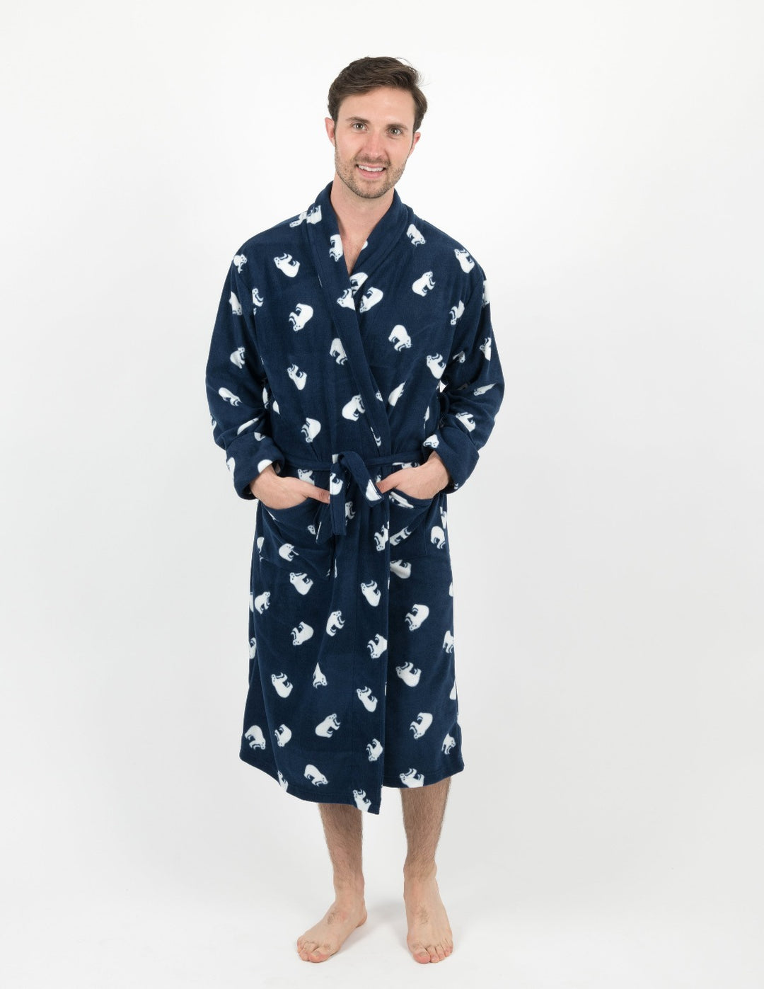 navy blue polar bear men's fleece robe