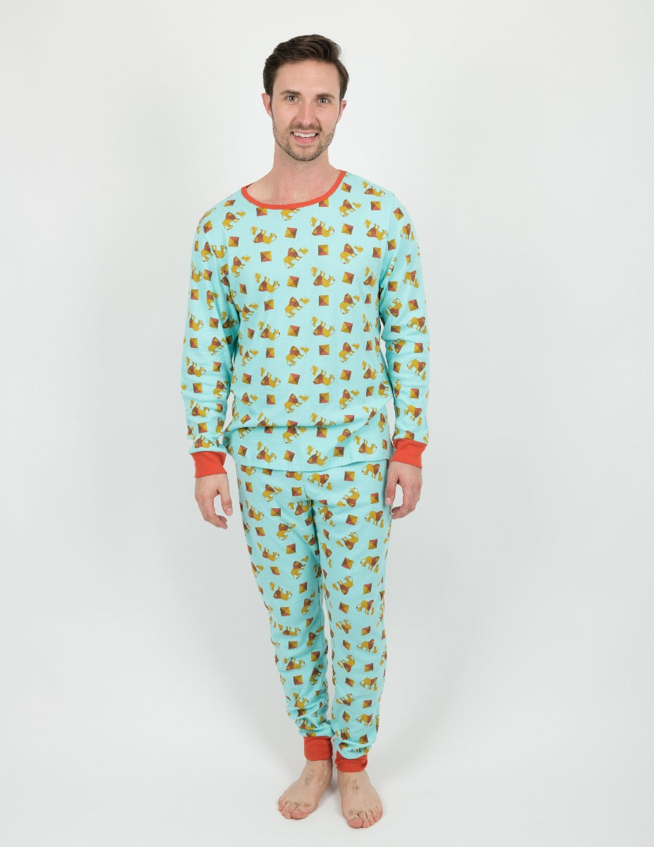 A man wearing Leveret's Safari Animals Pajamas