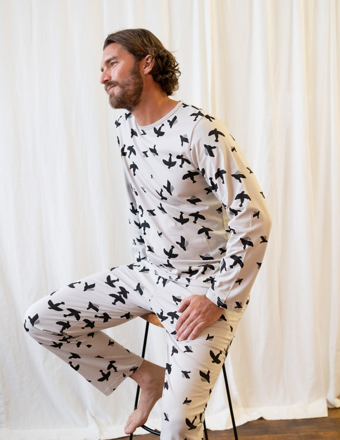 grey birds men's cotton pajama set