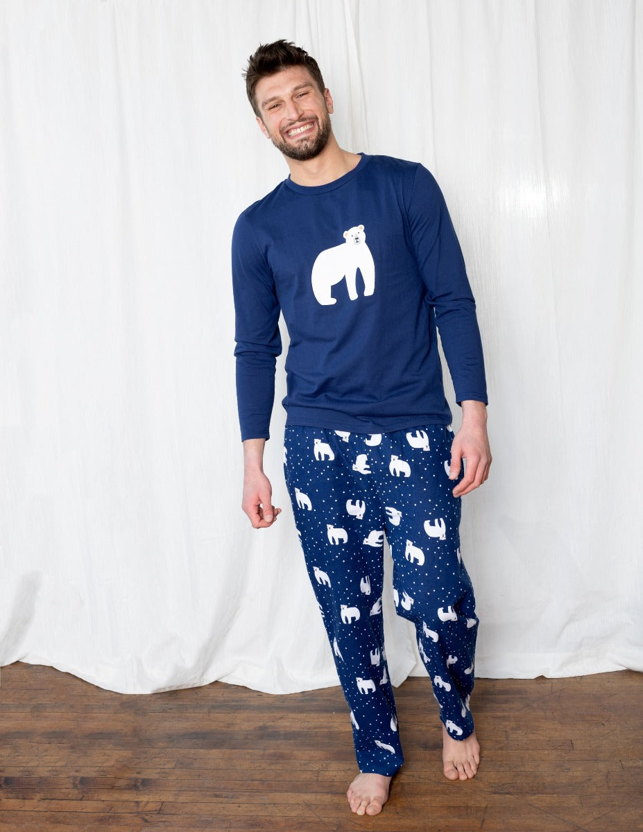 blue polar bear flannel and cotton men's pajama set