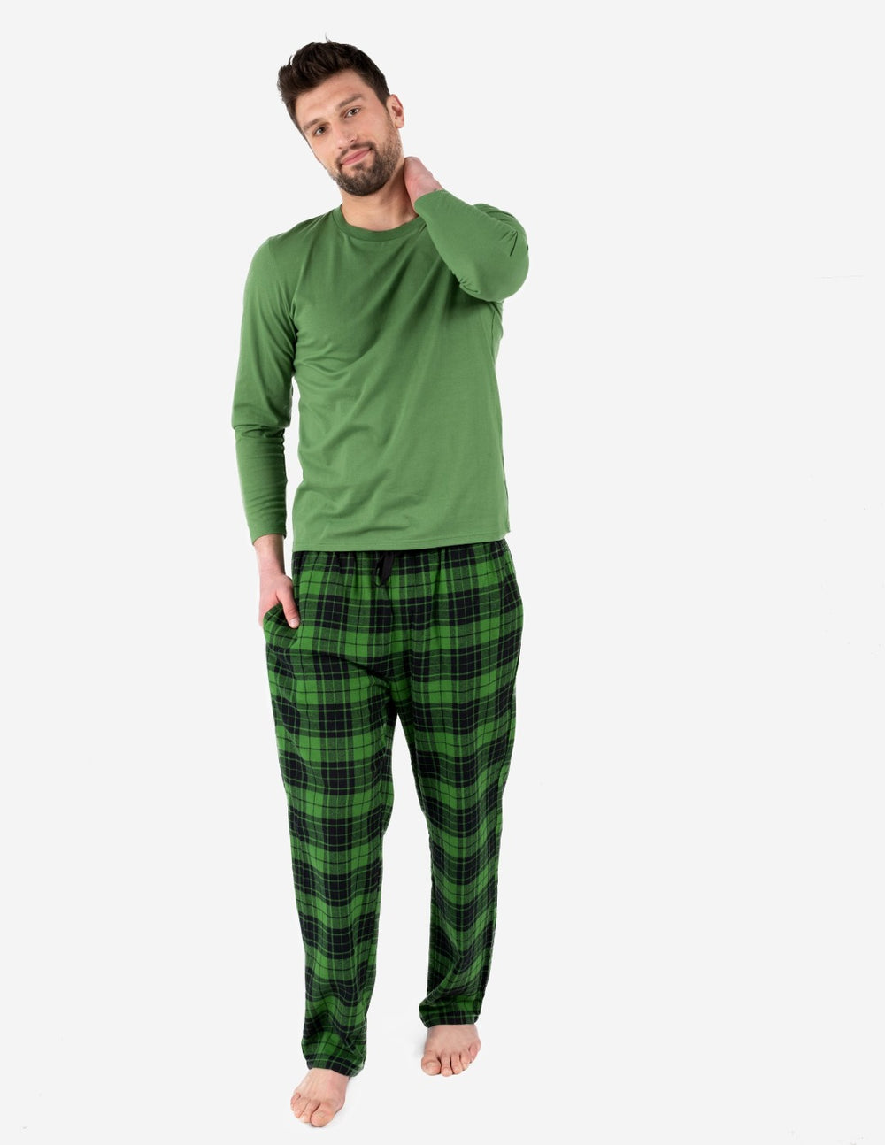 green and black plaid flannel men's pajama set