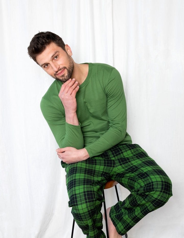 green and black plaid flannel men's pajama set