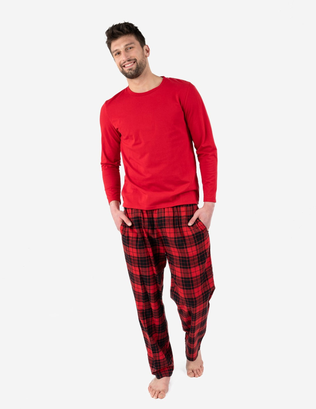 red and black plaid flannel and cotton men's pajama set