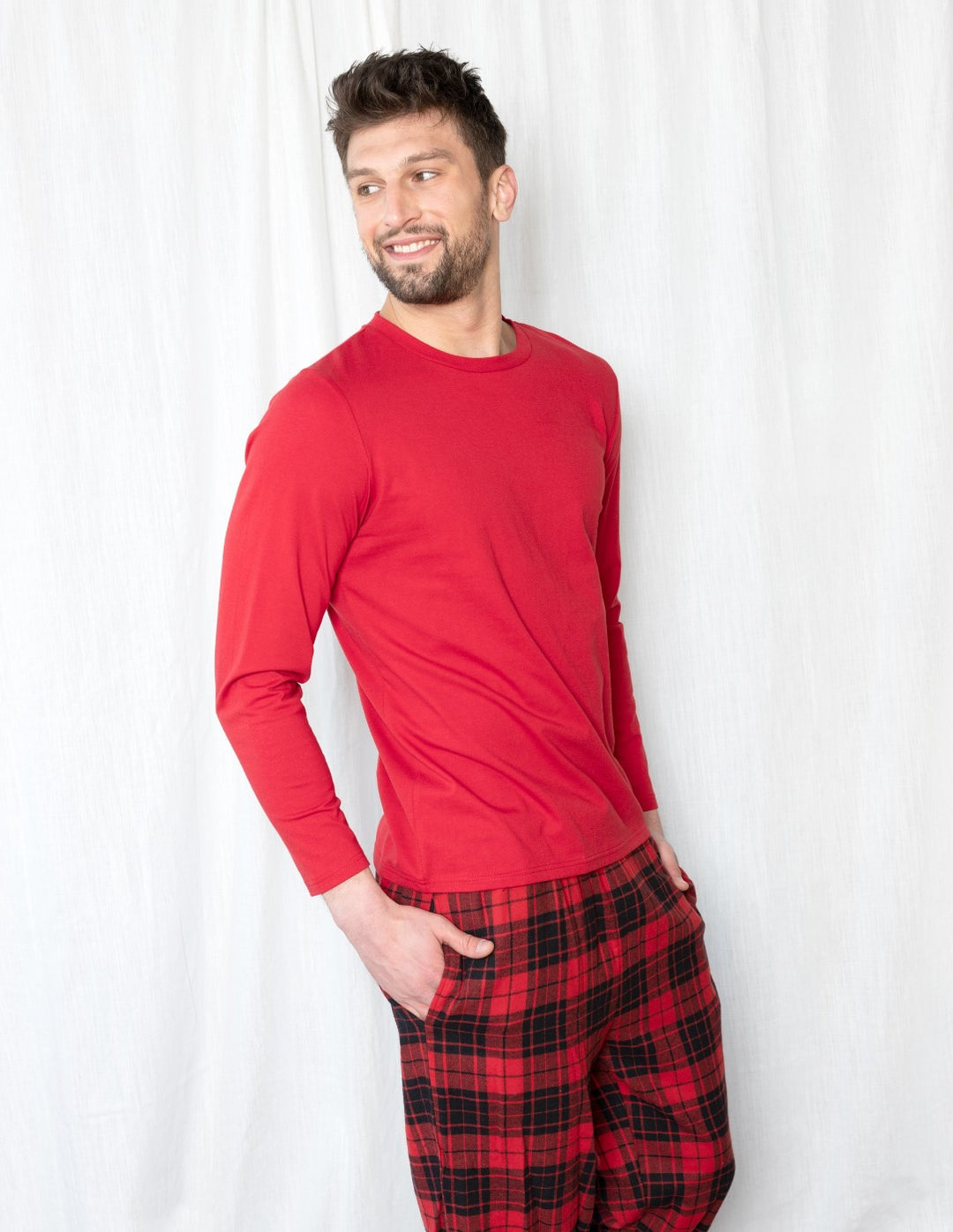 red and black plaid flannel and cotton men's pajama set