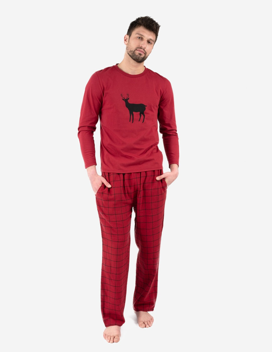 mens red reindeer flannel pajama set