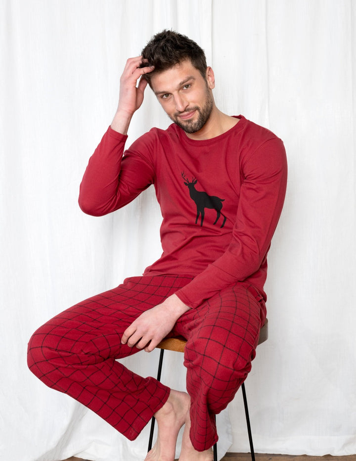 mens red reindeer flannel pajama set