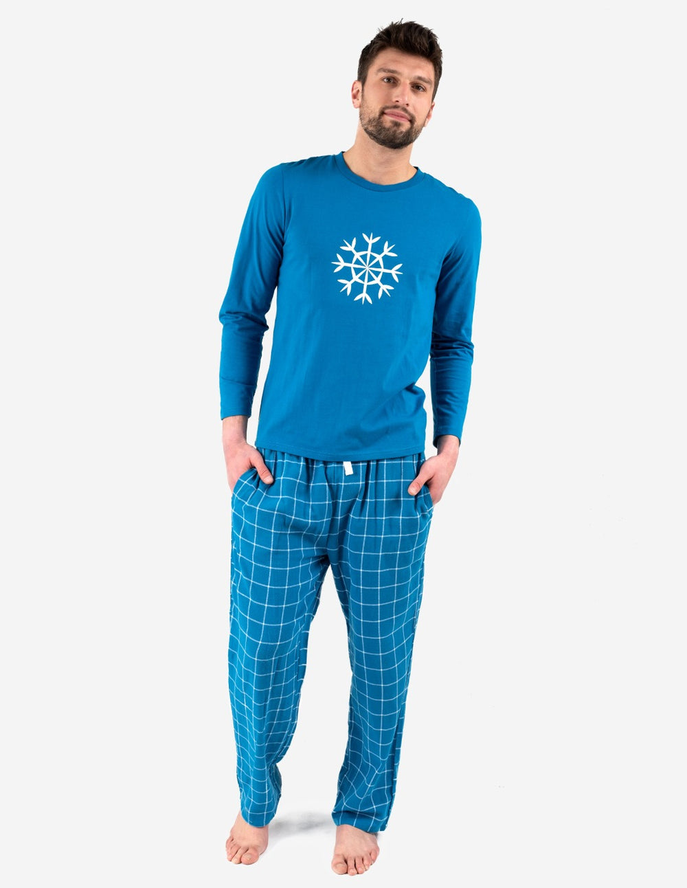 blue snowflake flannel and cotton men's pajama set