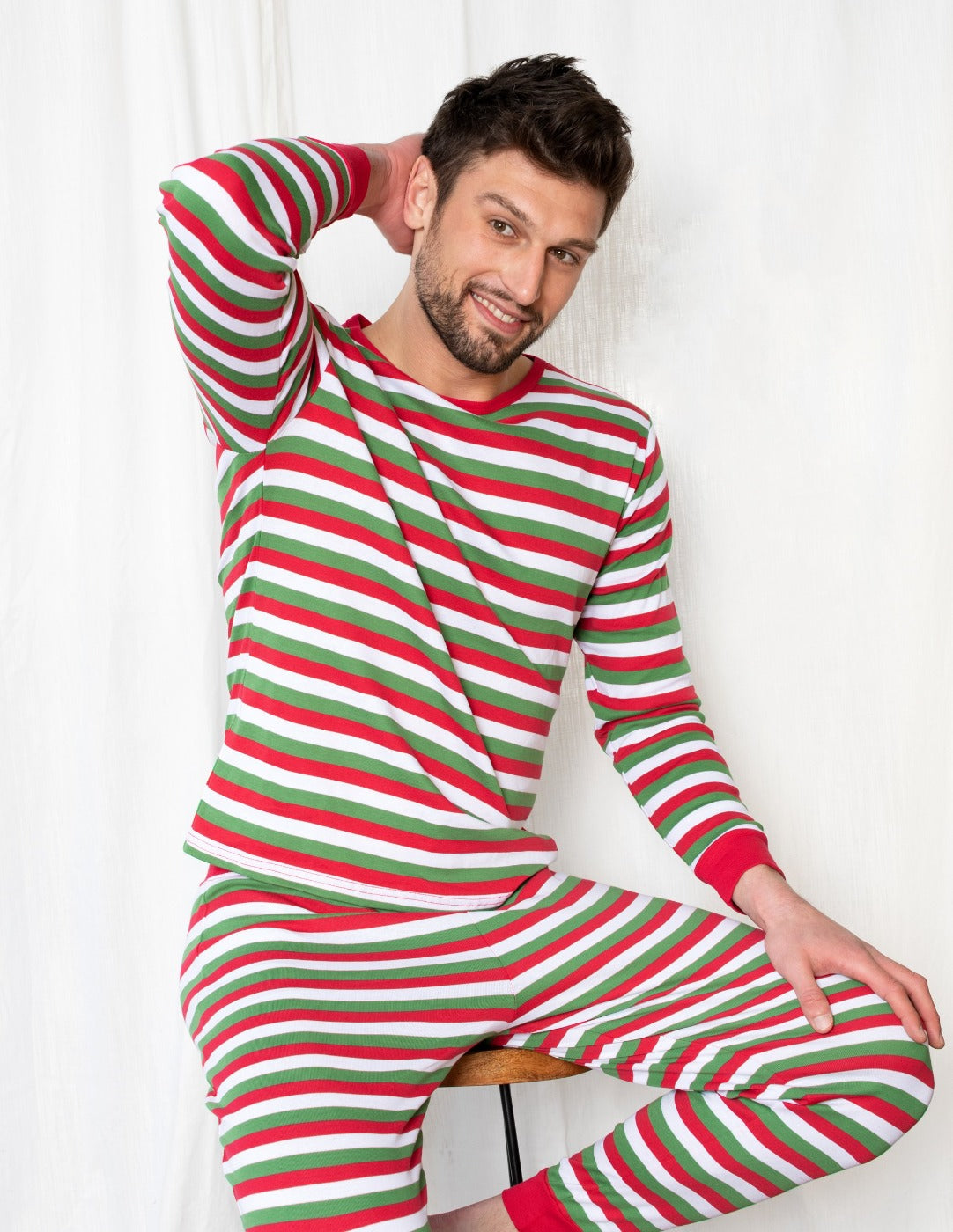 red white and green striped men's cotton pajamas