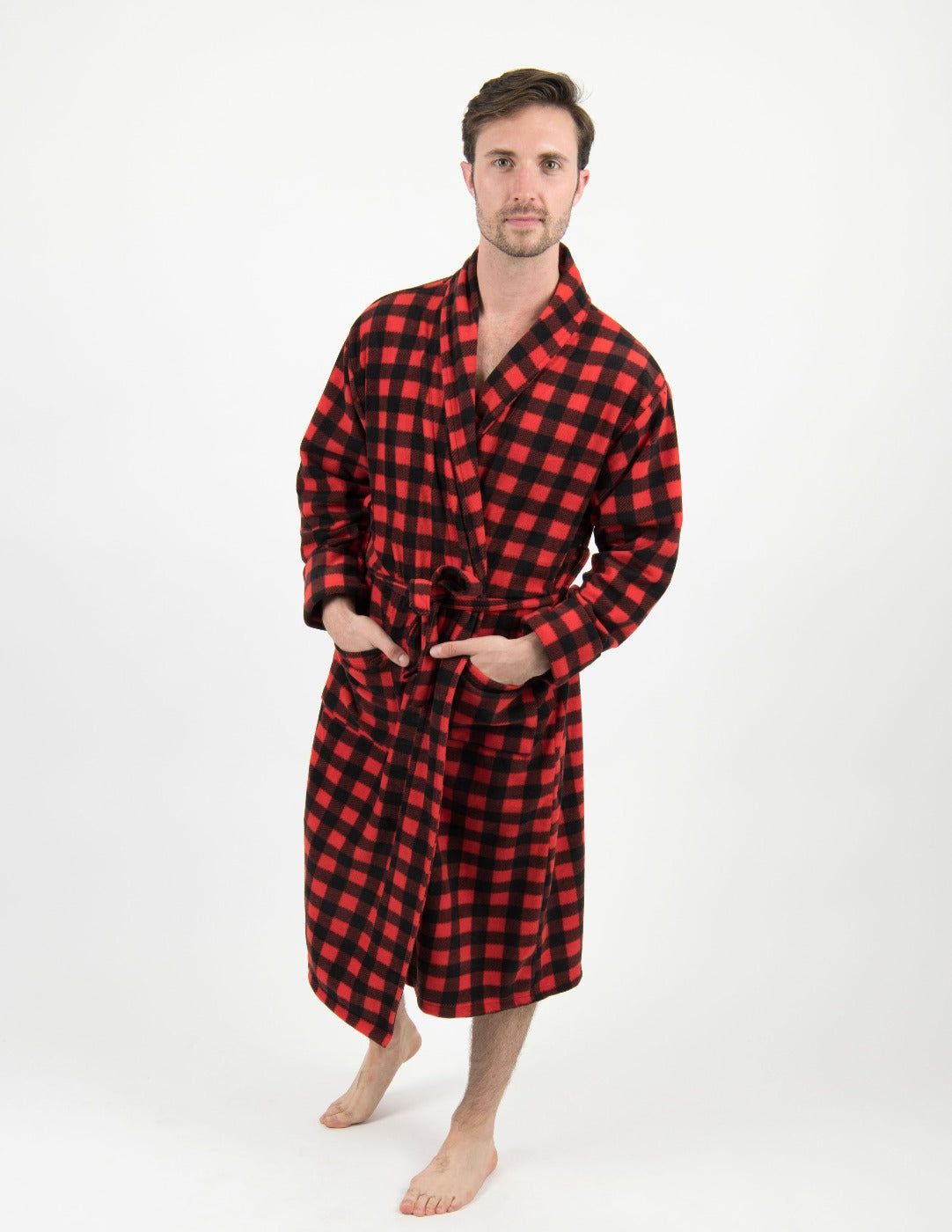 red and black fleece plaid men's robe