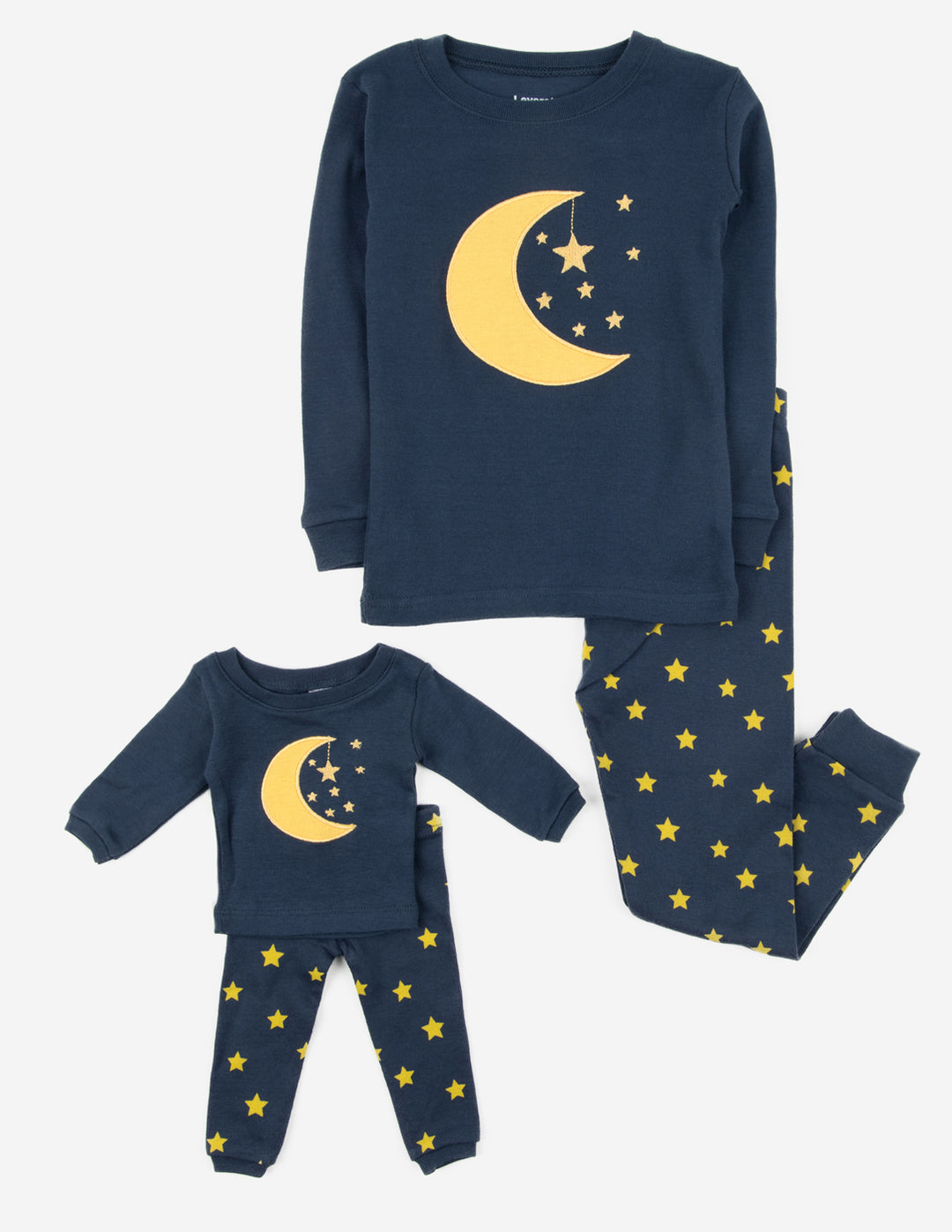 navy moon and stars kid and doll pajamas