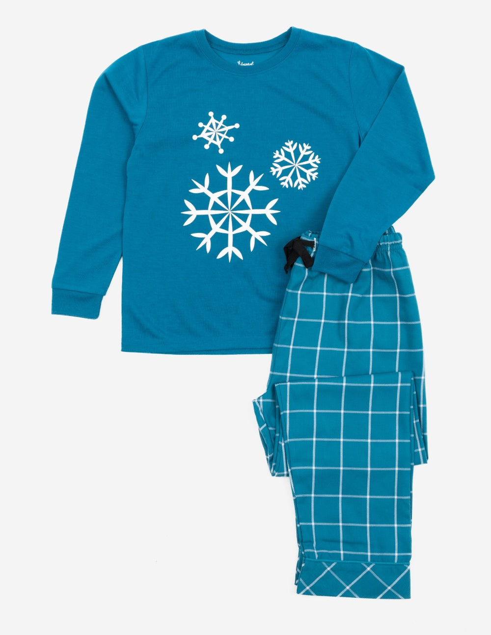 teal snowflake flannel kids pajama set
