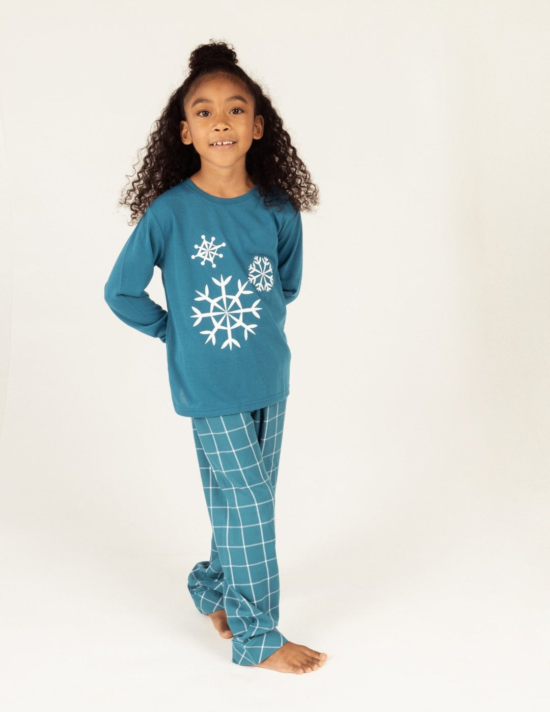 teal snowflake flannel kids pajama set