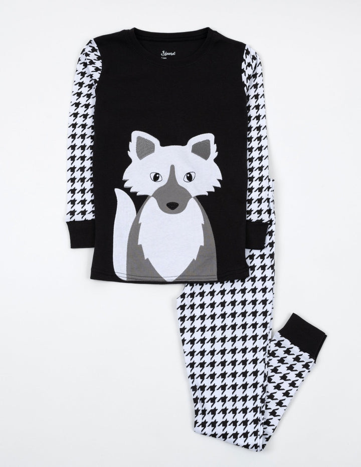 black and white fox houndstooth kids cotton pajamas